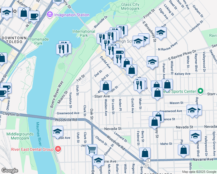 map of restaurants, bars, coffee shops, grocery stores, and more near 426 4th St in Toledo