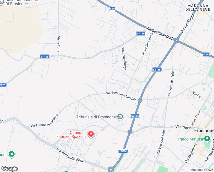 map of restaurants, bars, coffee shops, grocery stores, and more near 15 Viale Madrid in Frosinone