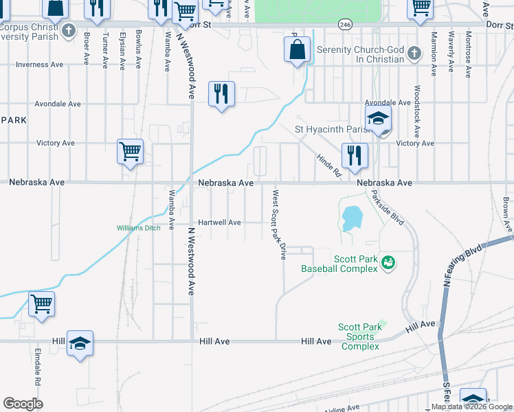 map of restaurants, bars, coffee shops, grocery stores, and more near 427 Kopernik Avenue in Toledo