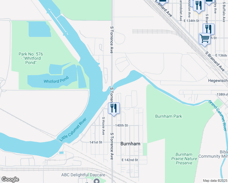 map of restaurants, bars, coffee shops, grocery stores, and more near 2606 East 138th Place in Burnham