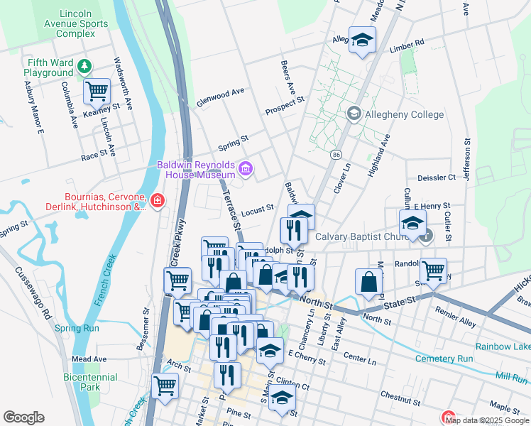map of restaurants, bars, coffee shops, grocery stores, and more near 39235 Locust Street in Meadville