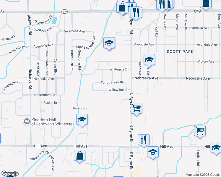 map of restaurants, bars, coffee shops, grocery stores, and more near 3622 Willow Run Drive in Toledo