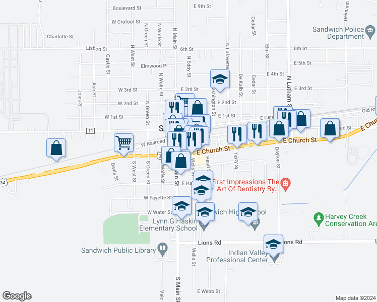 map of restaurants, bars, coffee shops, grocery stores, and more near 131 East Church Street in Sandwich