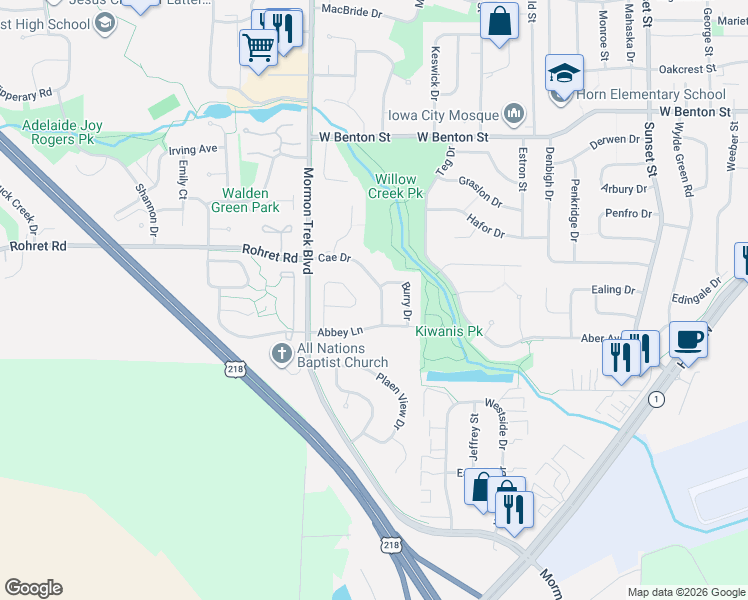 map of restaurants, bars, coffee shops, grocery stores, and more near 1248 Dolen Place in Iowa City