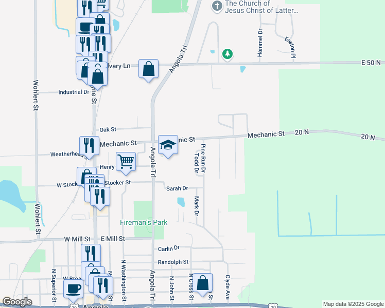 map of restaurants, bars, coffee shops, grocery stores, and more near 809 Todd Drive in Angola