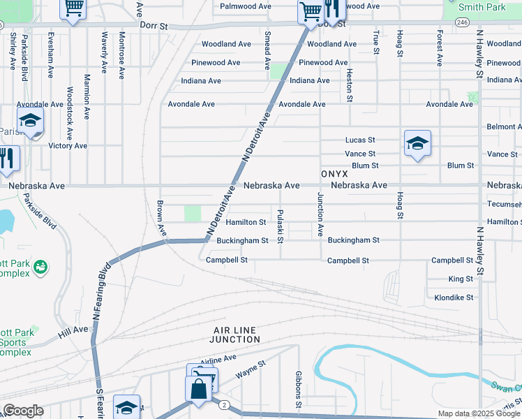 map of restaurants, bars, coffee shops, grocery stores, and more near 1551 Tecumseh Street in Toledo