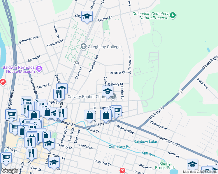 map of restaurants, bars, coffee shops, grocery stores, and more near 641 Cullum Street in Meadville