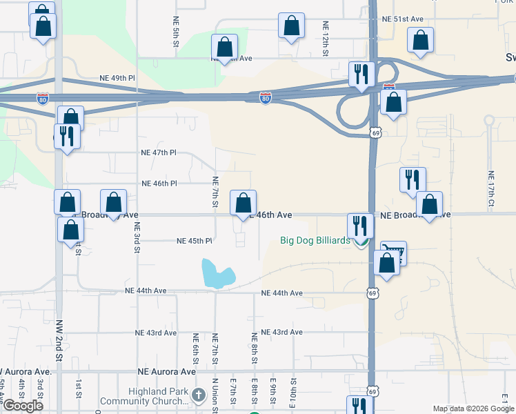 map of restaurants, bars, coffee shops, grocery stores, and more near 818 Northeast Broadway Avenue in Des Moines