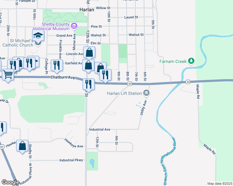 map of restaurants, bars, coffee shops, grocery stores, and more near 907 Chatburn Ave in Harlan