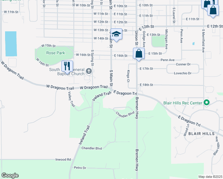 map of restaurants, bars, coffee shops, grocery stores, and more near 58500 Ireland Trail in Mishawaka