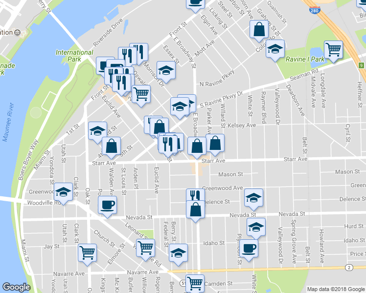 map of restaurants, bars, coffee shops, grocery stores, and more near 645 Platt Street in Toledo
