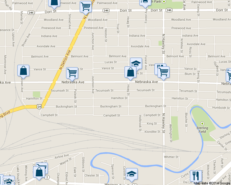 map of restaurants, bars, coffee shops, grocery stores, and more near 1243 Tecumseh St in Toledo