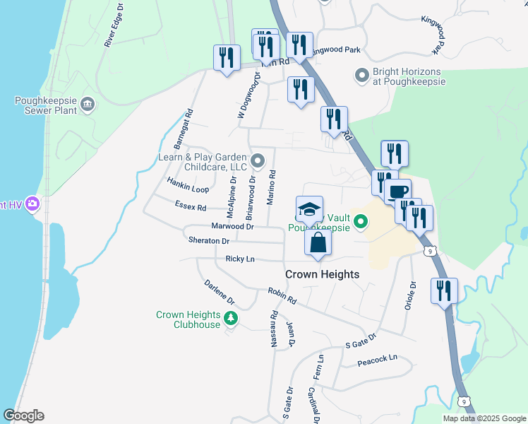 map of restaurants, bars, coffee shops, grocery stores, and more near 27 Marino Road in Poughkeepsie