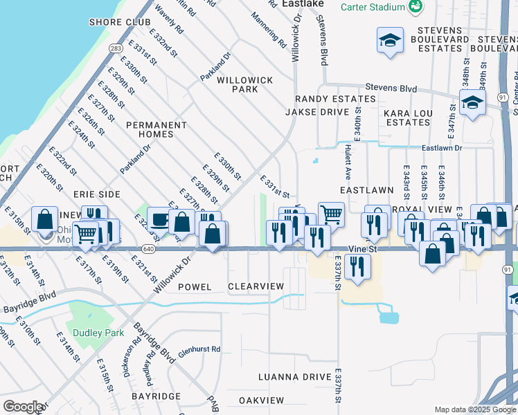 map of restaurants, bars, coffee shops, grocery stores, and more near 33001 Vine Street in Willowick