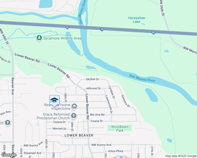 map of restaurants, bars, coffee shops, grocery stores, and more near 3317 Skyline Drive in Des Moines