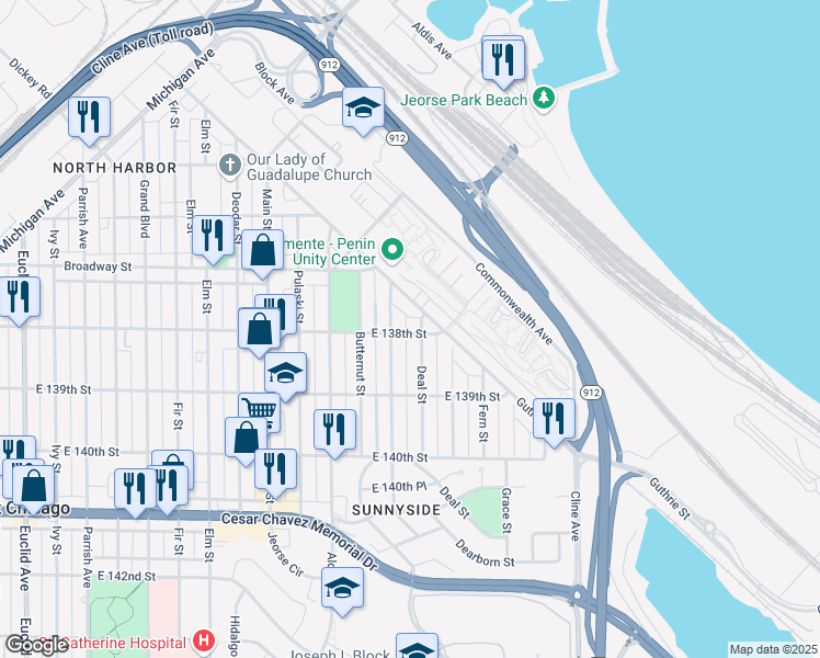 map of restaurants, bars, coffee shops, grocery stores, and more near 3734 Deal Street in East Chicago