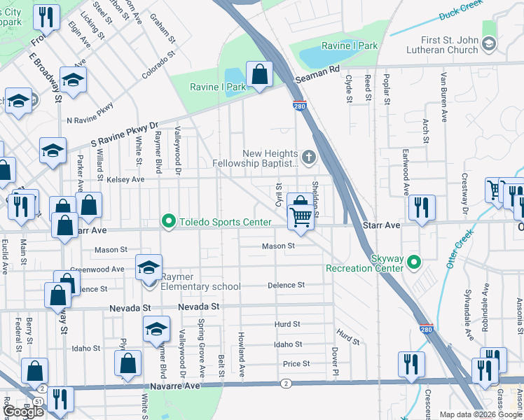 map of restaurants, bars, coffee shops, grocery stores, and more near 612 Dearborn Avenue in Toledo