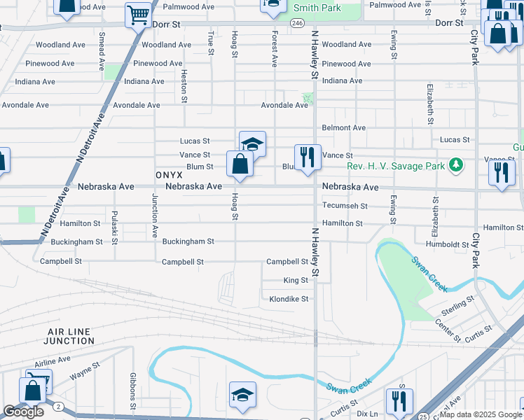 map of restaurants, bars, coffee shops, grocery stores, and more near 1123 Tecumseh Street in Toledo
