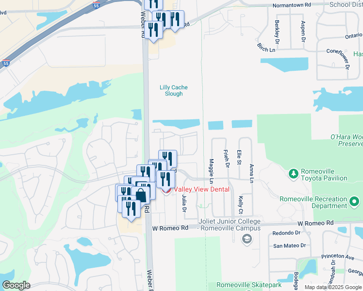 map of restaurants, bars, coffee shops, grocery stores, and more near 549 Easton Lane in Romeoville