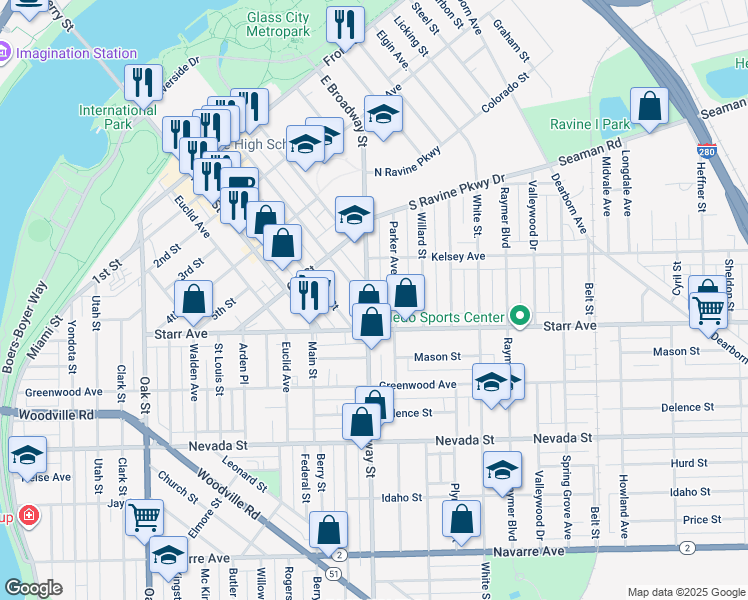 map of restaurants, bars, coffee shops, grocery stores, and more near 335 East Broadway Street in Toledo