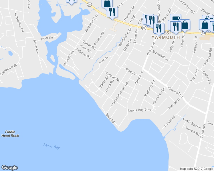 map of restaurants, bars, coffee shops, grocery stores, and more near 137 Lewis Road in Yarmouth