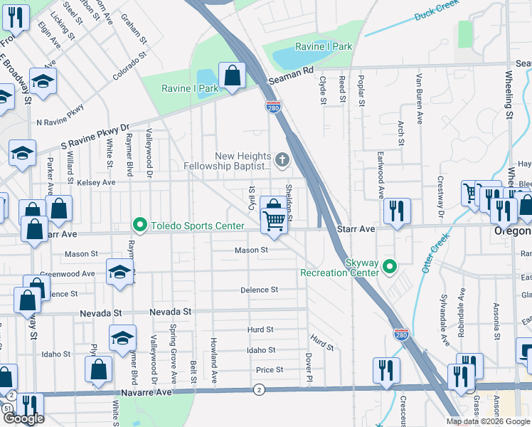 map of restaurants, bars, coffee shops, grocery stores, and more near 354 Heffner Street in Toledo