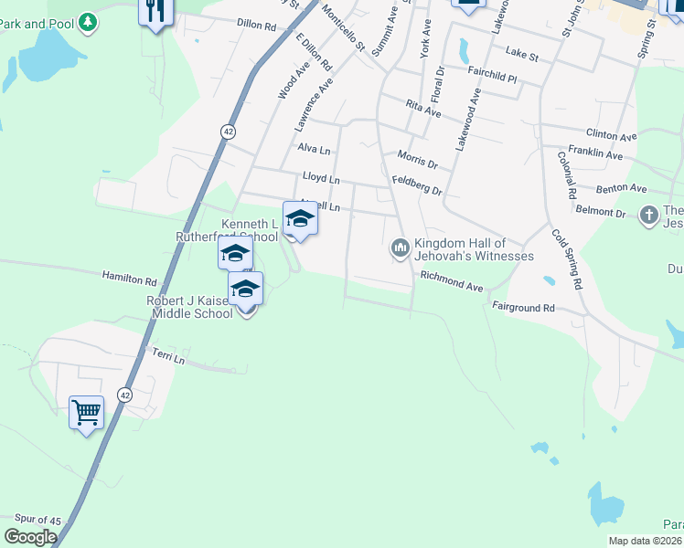 map of restaurants, bars, coffee shops, grocery stores, and more near 28 Burton Avenue in Monticello