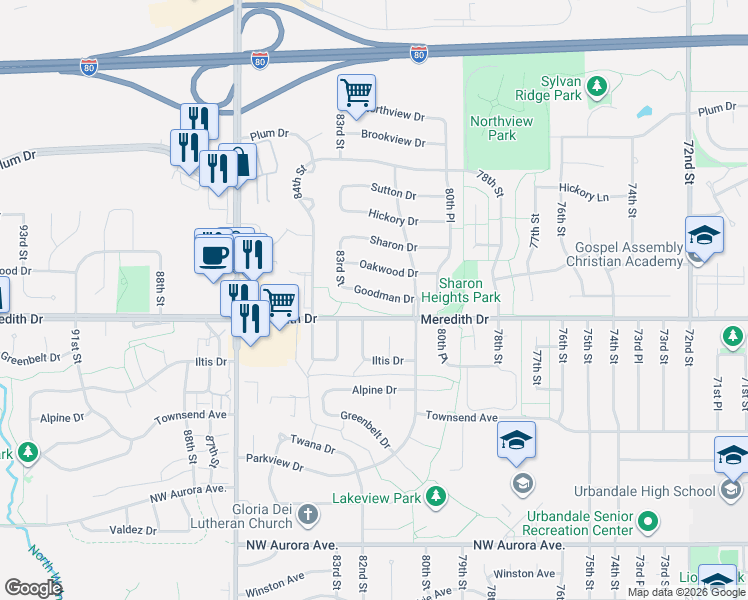 map of restaurants, bars, coffee shops, grocery stores, and more near 8122 Goodman Drive in Urbandale