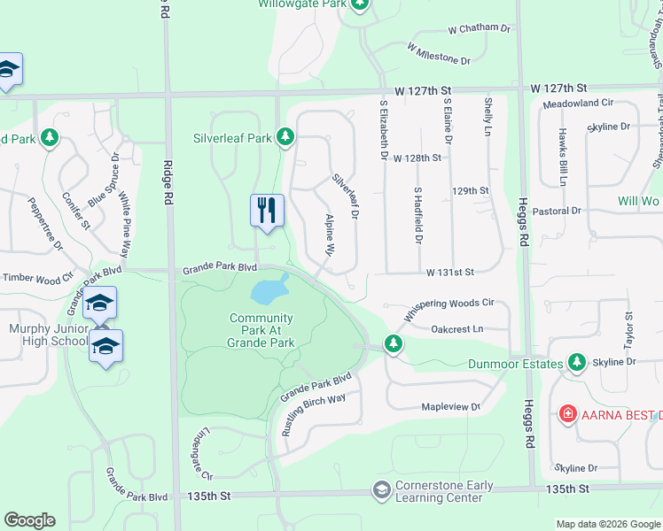 map of restaurants, bars, coffee shops, grocery stores, and more near 26402 Silverleaf Drive in Plainfield