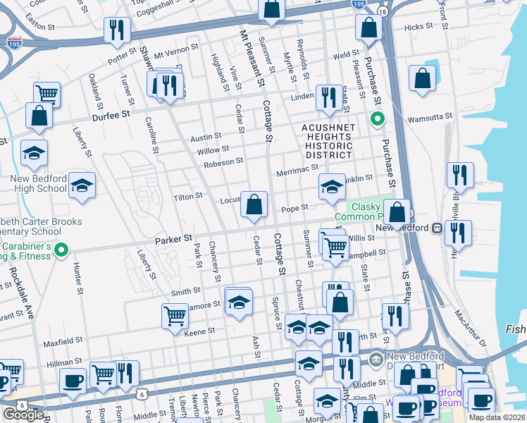 map of restaurants, bars, coffee shops, grocery stores, and more near Homer Street in New Bedford