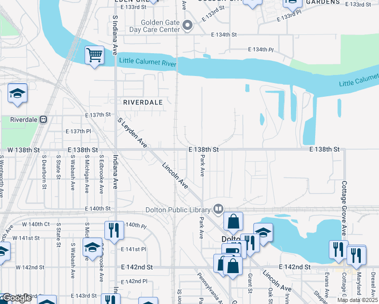 map of restaurants, bars, coffee shops, grocery stores, and more near 13803 East 138th Street in Chicago