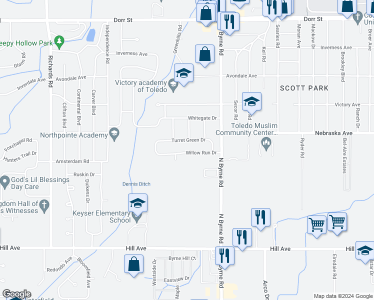 map of restaurants, bars, coffee shops, grocery stores, and more near 3608 Willow Run Drive in Toledo