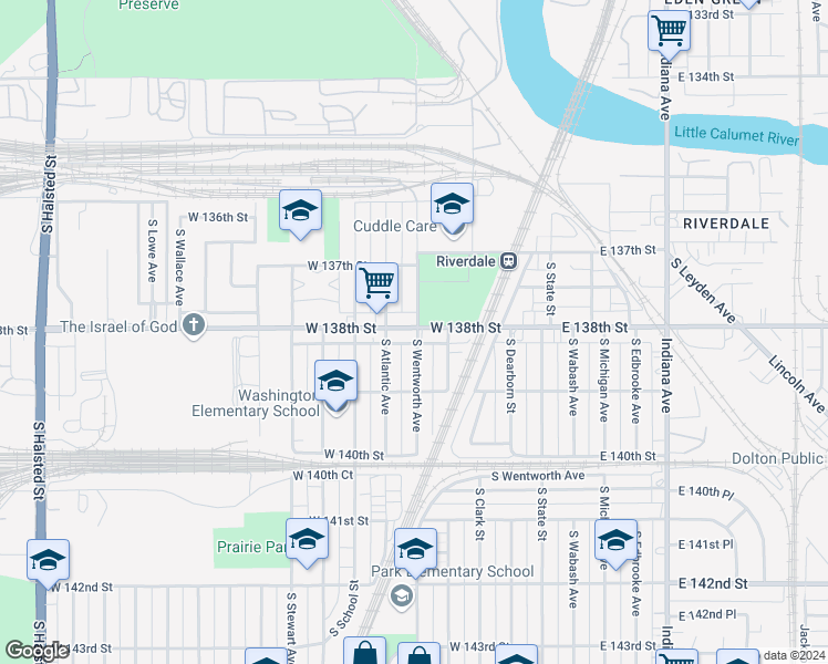 map of restaurants, bars, coffee shops, grocery stores, and more near 13800 South Wentworth Avenue in Riverdale
