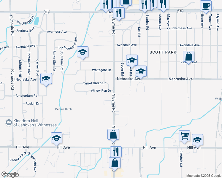 map of restaurants, bars, coffee shops, grocery stores, and more near 3506 Willow Run Drive in Toledo