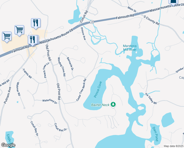 map of restaurants, bars, coffee shops, grocery stores, and more near 211 Cedar Tree Neck Road in Barnstable