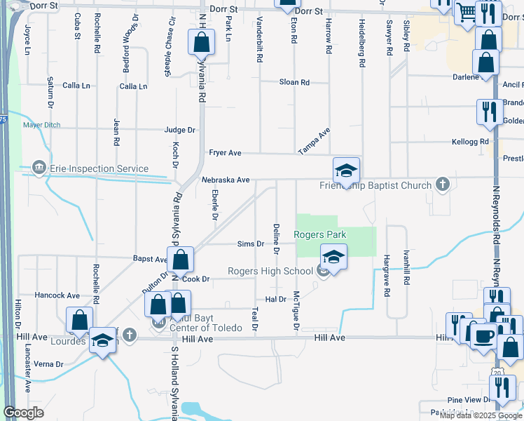 map of restaurants, bars, coffee shops, grocery stores, and more near 416 Teal Drive in Toledo