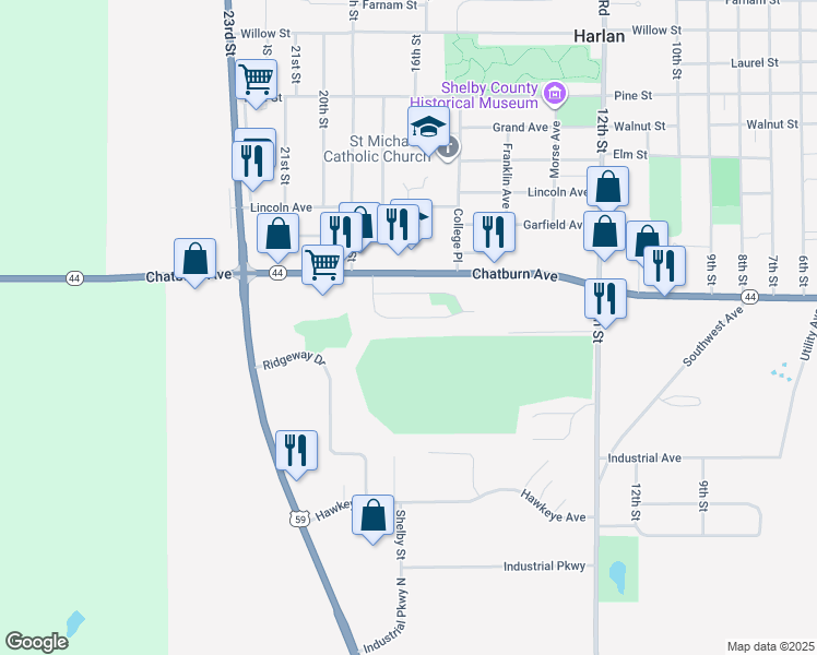 map of restaurants, bars, coffee shops, grocery stores, and more near 1603 Cheyenne Avenue in Harlan
