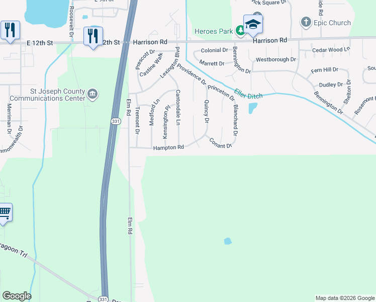 map of restaurants, bars, coffee shops, grocery stores, and more near 2715 Hampton Road in Mishawaka