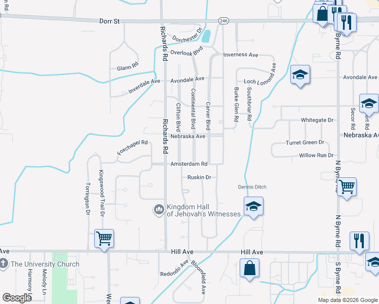 map of restaurants, bars, coffee shops, grocery stores, and more near 527 Continental Boulevard in Toledo