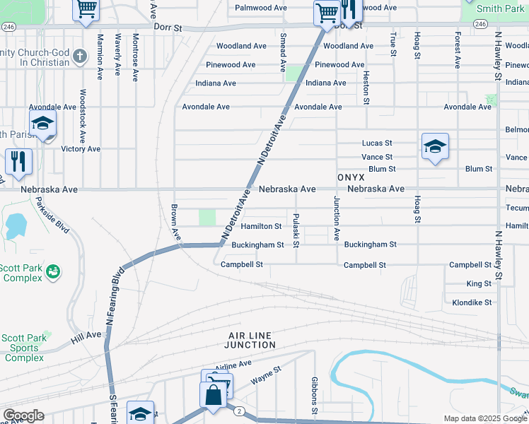 map of restaurants, bars, coffee shops, grocery stores, and more near 1551 Tecumseh Street in Toledo