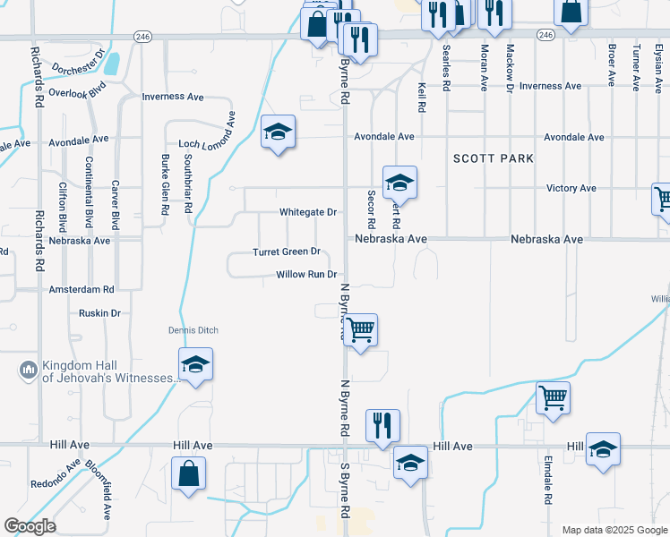 map of restaurants, bars, coffee shops, grocery stores, and more near 3506 Willow Run Drive in Toledo