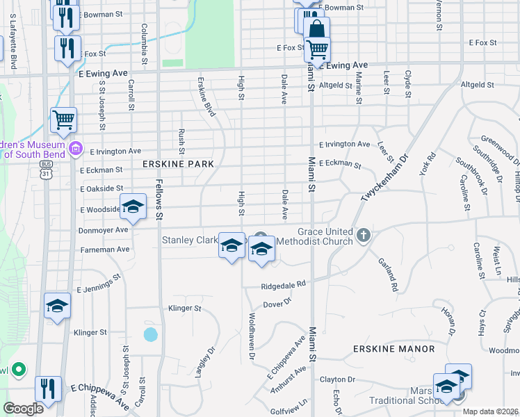 map of restaurants, bars, coffee shops, grocery stores, and more near 826 East Woodside Street in South Bend
