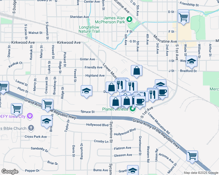 map of restaurants, bars, coffee shops, grocery stores, and more near 1429 Sycamore Street in Iowa City