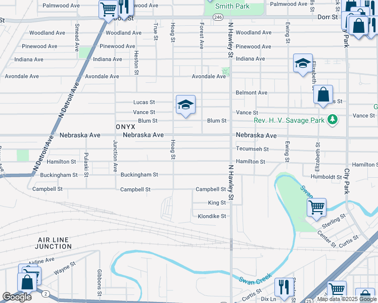 map of restaurants, bars, coffee shops, grocery stores, and more near 1123 Tecumseh Street in Toledo