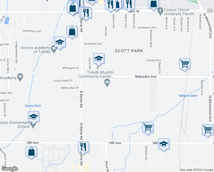 map of restaurants, bars, coffee shops, grocery stores, and more near 3319 Nebraska Avenue in Toledo
