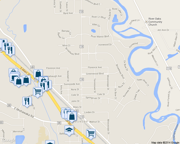 map of restaurants, bars, coffee shops, grocery stores, and more near 23675 Greenwood Blvd in Elkhart