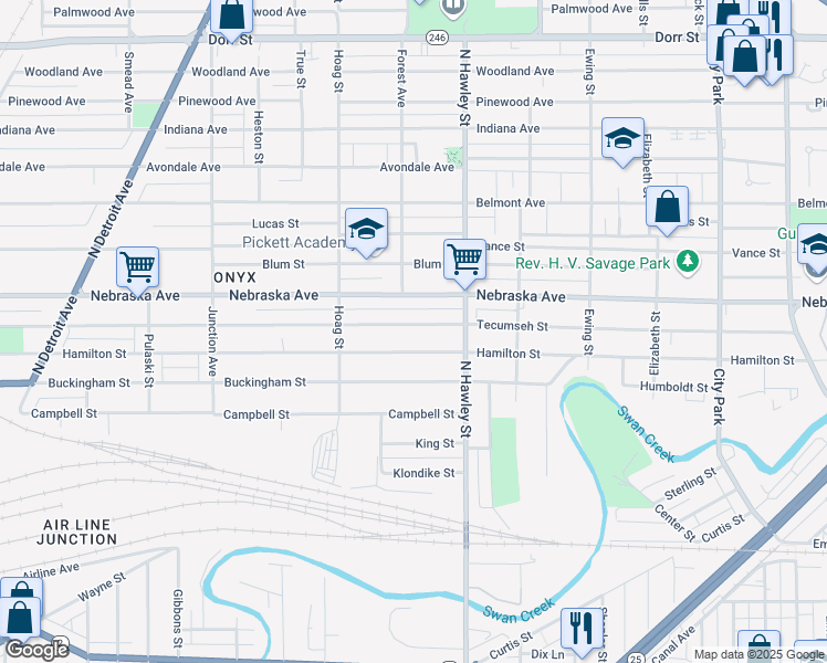 map of restaurants, bars, coffee shops, grocery stores, and more near 1055 Tecumseh Street in Toledo