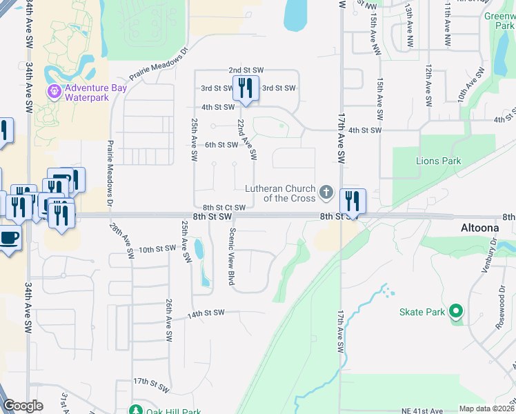 map of restaurants, bars, coffee shops, grocery stores, and more near 727 22nd Avenue Southwest in Altoona