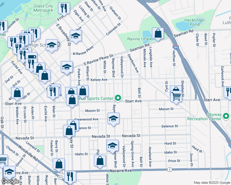 map of restaurants, bars, coffee shops, grocery stores, and more near 347 Raymer Boulevard in Toledo