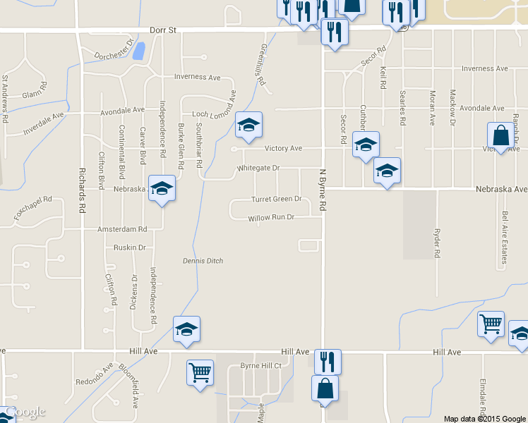 map of restaurants, bars, coffee shops, grocery stores, and more near 3622 Willow Run Drive in Toledo